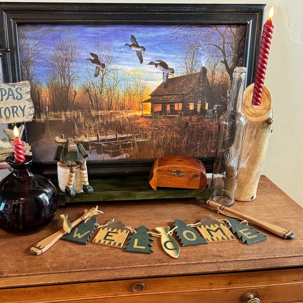 Rustic Cabin Wooden Welcome Sign Oars Fish Vintage Grandpa Fishing Decor - Picture 9 of 17
